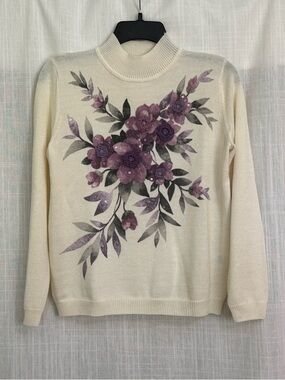 Alfred Dunner Petite Cream Mock Neck Sweater w/ Purple Floral Applique Print